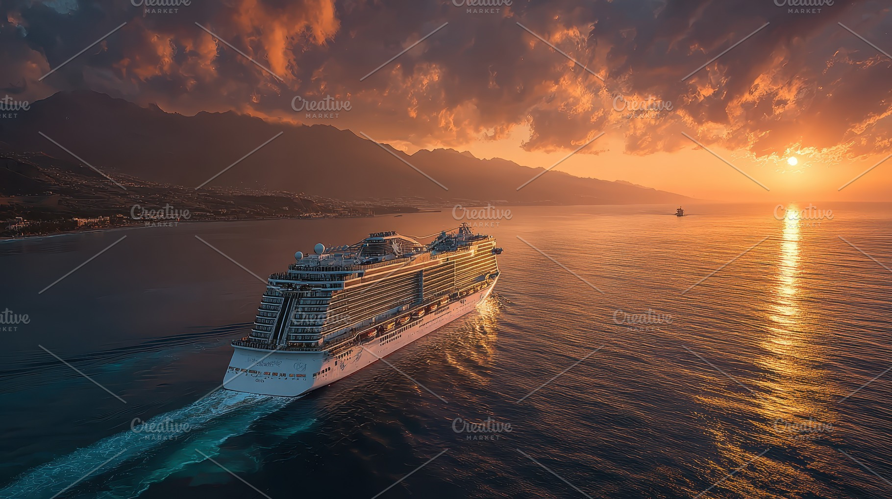 Cruise Ship Sailing Sunset Dramatic, a Photo by Pixeness Studio
