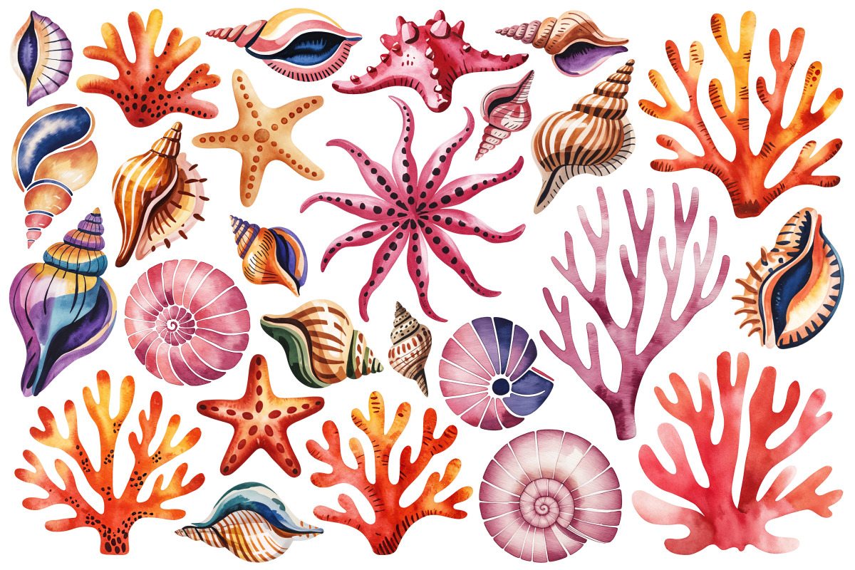 Watercolor Sea Shells & Coral Set, an Object Illustration by Whimsy Brush Studio (Photo 5 of 9)