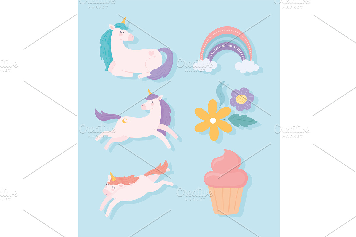 unicorns flowers and cupcake, an Object Illustration by studiogstock