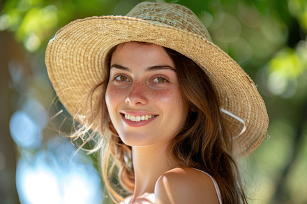 Glowing Seaside Serenity: Woman with Straw Hat Smiling - Generative AI, a Person Photo by José Manuel Gelpi