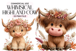 Whimsical Highland Cow Clipart PNG, a Seasonal Illustration by Daily.Designs