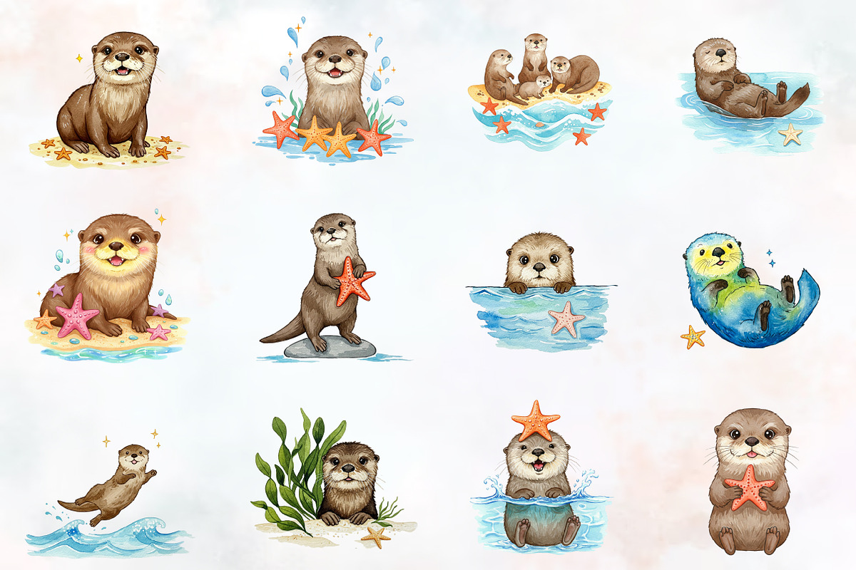 Happy Otters & Starfish Beach Clipar, an Illustration by RobertsArt (Photo 3 of 7)