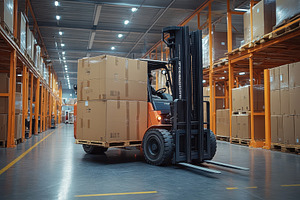 Forklift maneuvering boxes in a spac, a Photo by Tanuart