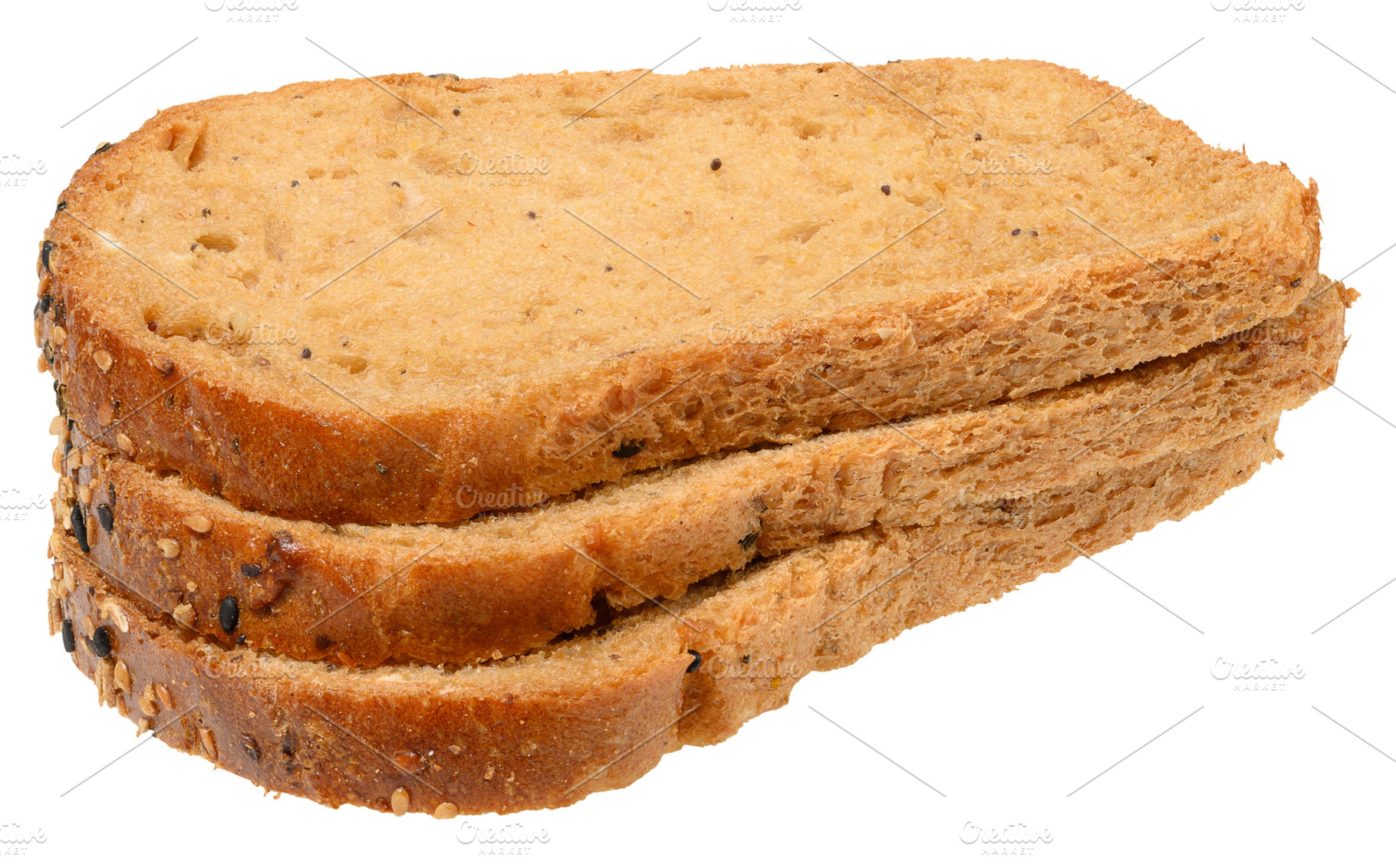 Three slices of whole grain bread with seeds stacked. Product on, a Food & Drink Photo by ndanko