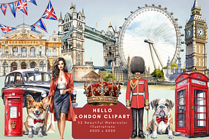 Hello London Watercolor Clipart, an Illustration by NadiaTheronArt