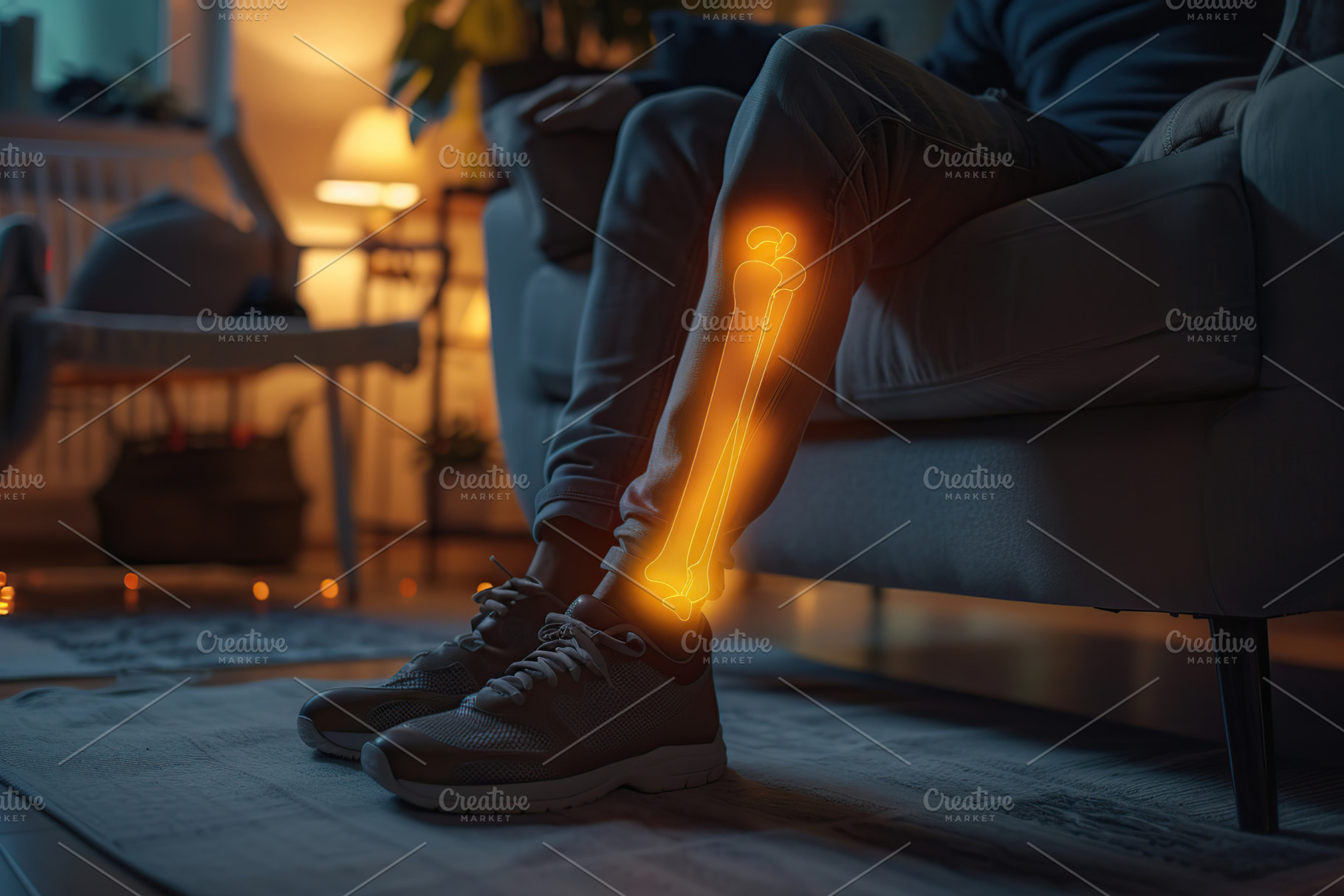 Man sitting at home with glowing pain in the calves, a Health & Medical Photo by AlyaAnd
