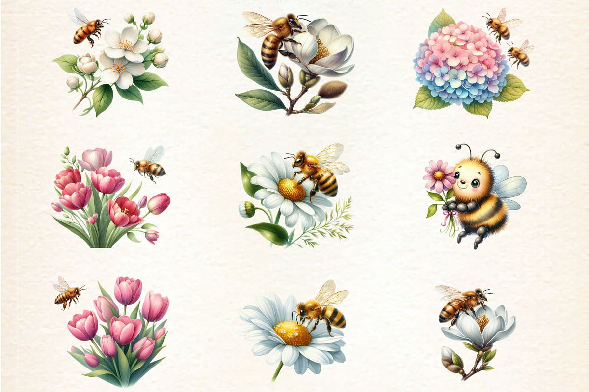 Bee Flowers Sublimation Clipart, an Illustration by DreamArtGraphic (Photo 3 of 4)