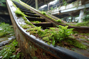 Escalator covered in lush moss in a forgotten industrial space, a Photo by AlyaAnd