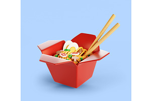 3d Wok or pad thai in red paper, a Food & Drink 3D Model by Marozhkastudio