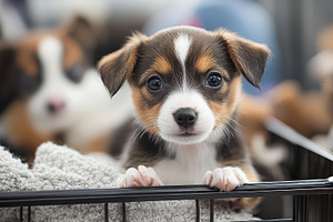 Adorable puppy peering out from a cr, an Animal Photo by Pixeness Studio