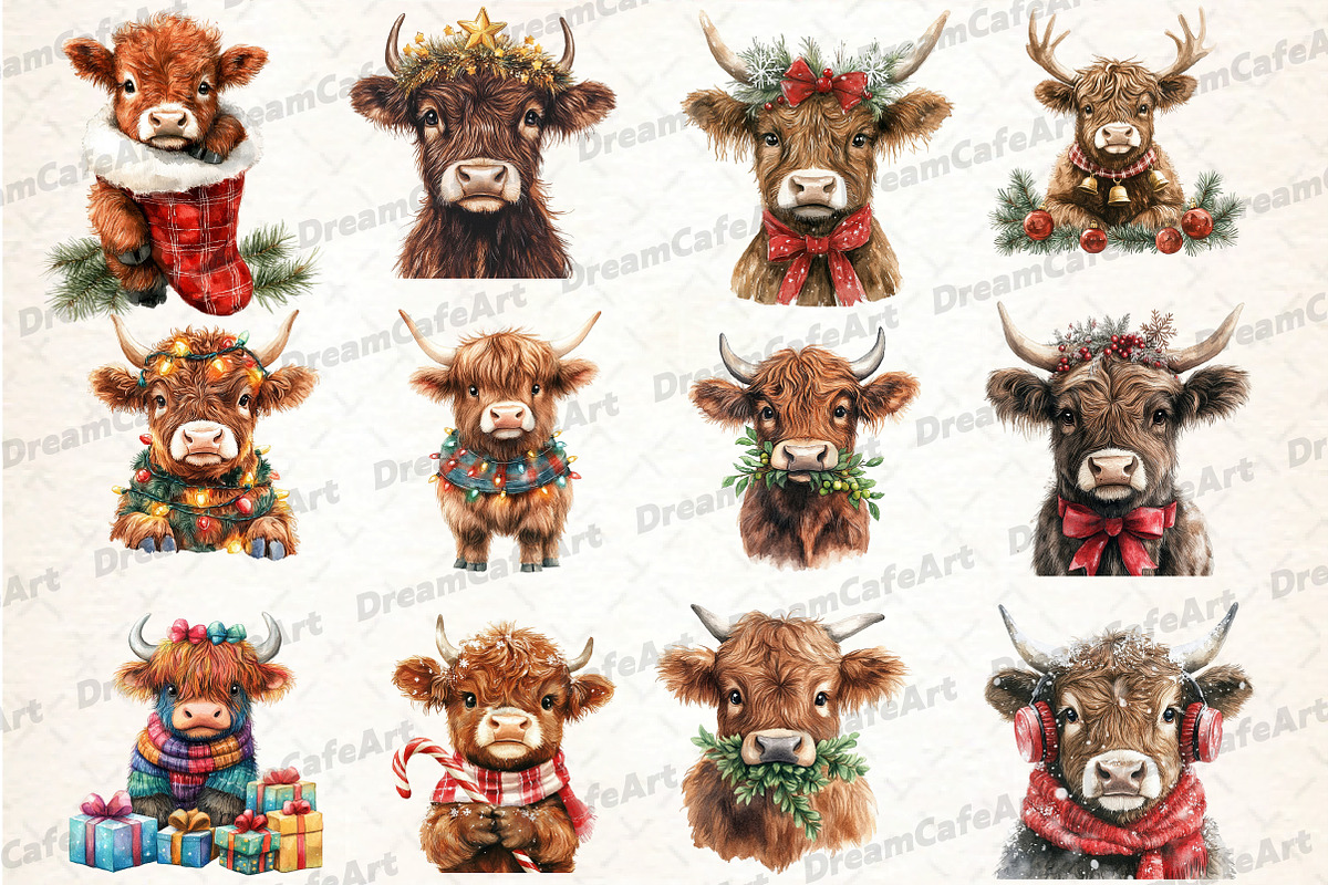 Cute Christmas Highland Cow Clipart, an Illustration by DreamCafeArt (Photo 3 of 5)