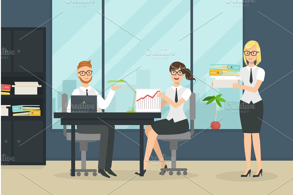 Cheerful Collegues Working in, a Person Illustration by TopVectors
