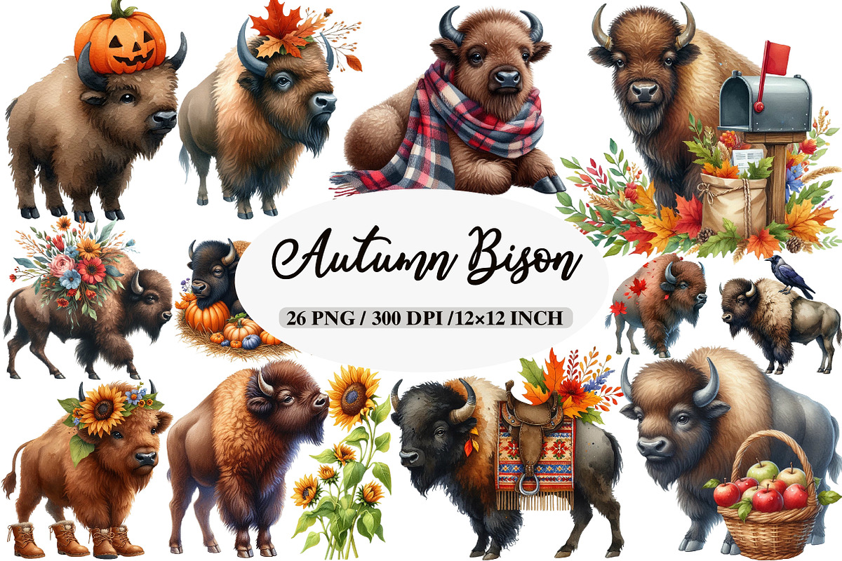 Watercolor Autumn Bison Clipart Bund, an Illustration by Daily.Designs (Photo 1 of 5)