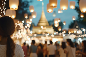 Lantern festival Yi Peng  with blurred temple and crowd at twili, a Photo by Dvoevnore photos