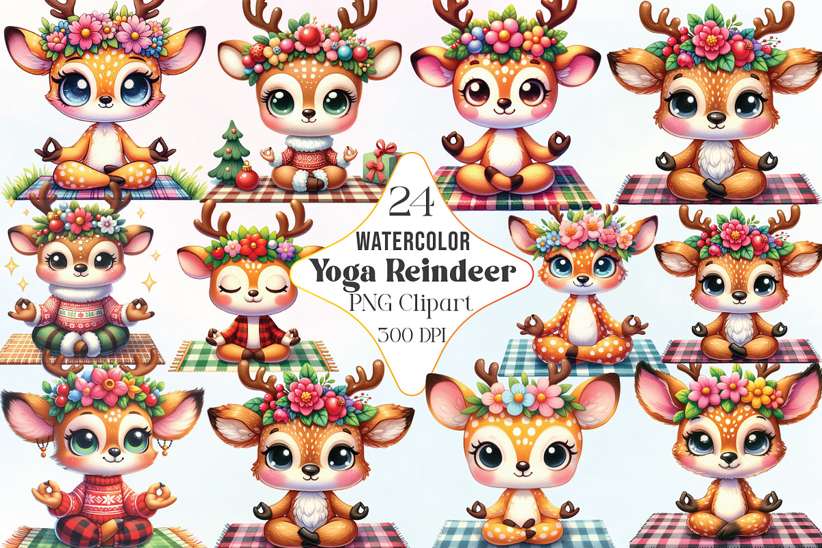 Watercolor Yoga Reindeer Clipart, an Illustration by CraftArtStudio (Photo 1 of 6)