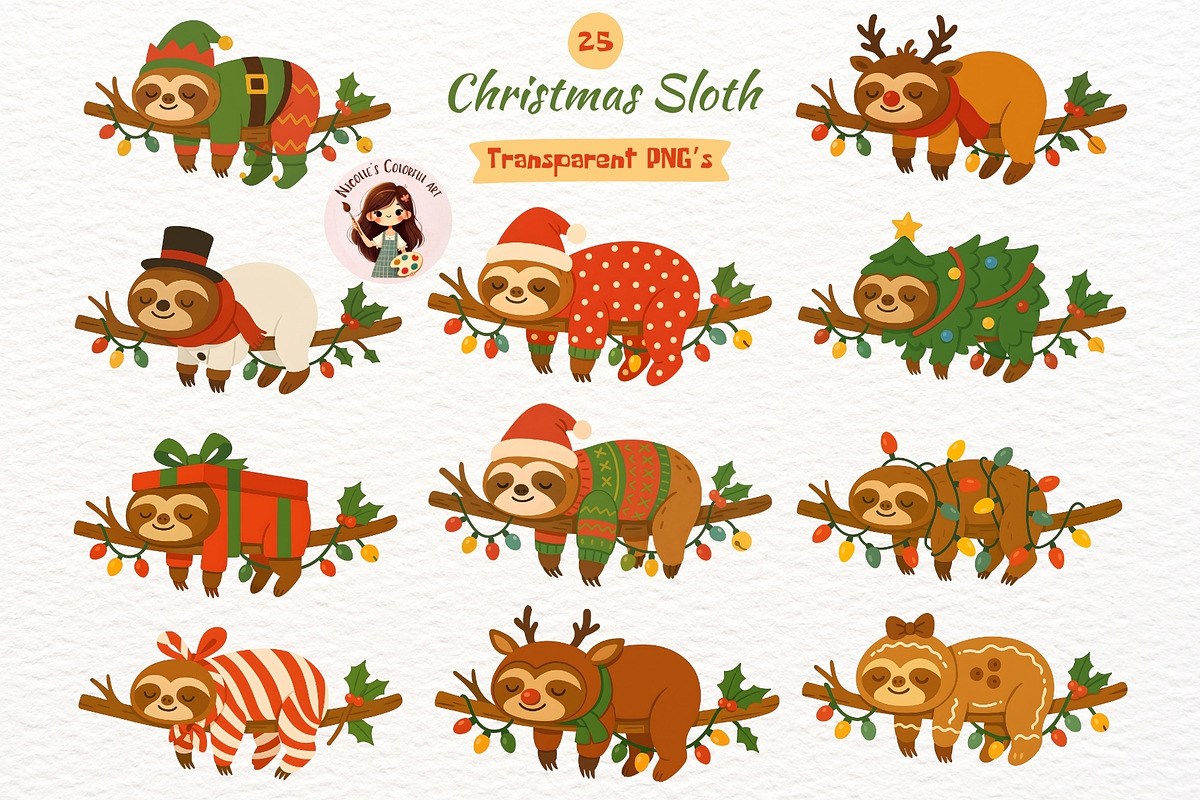 Funny Christmas Sloth Clipart, a Seasonal Illustration by Nicolle's Colorful Art (Photo 1 of 6)