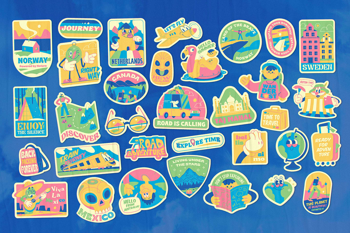 Retro Stickers. Big Travel Pack., an Object Illustration by Red Monkey (Photo 4 of 12)