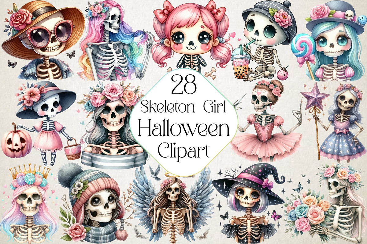 Cute Skeleton Girl PNG Clipart, an Illustration by DreamPrint404 (Photo 1 of 4)