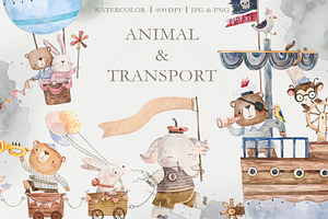 Watercolor Cute Animals & Transport