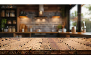 Empty wooden table top with kitchen, an Abstract Photo by Lermont51