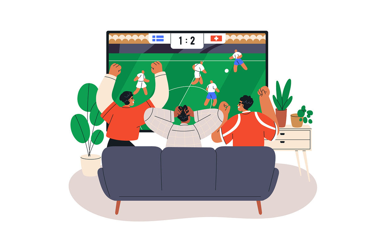 Sports fans watch soccer game on TV, a Sport Illustration by Good Studio (Photo 7 of 7)