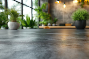 A cozy indoor workspace featuring a sleek black table, adorned with potted plan, a Background Photo by ImageMir