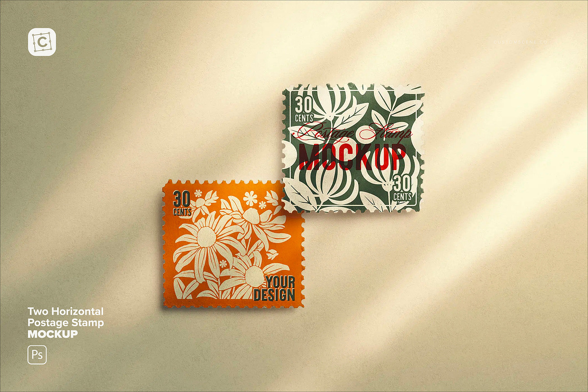 Two Horizontal Postage Stamp, an Advertising Mockup by Custom Scene (Photo 1 of 11)