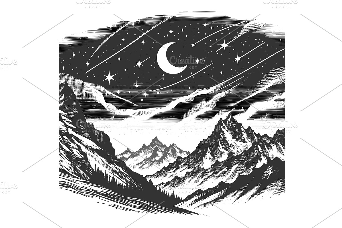 Night Sky Over Mountain Landscape, an Illustration by AlexArt
