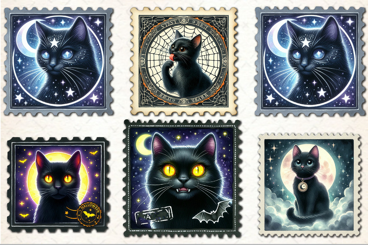 Halloween Black Cat Postage Stamp PN, an Illustration by Rose Art (Photo 4 of 4)