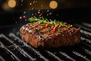 A deliciously grilled steak on a barbecue, enhanced with herbs and a sprinkle o, a Food & Drink Photo by AlyaAnd