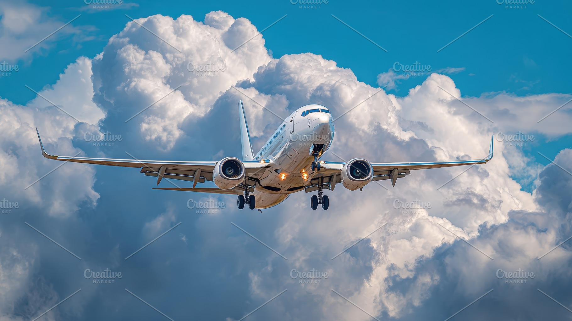Airplane landing through fluffy clou, a Photo by Pixeness Studio