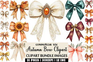 Watercolor Autumn Bow Clipart Bundle, an Illustration by Craft Nest