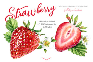 Watercolor Strawberry: whole + half