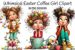 Whimsical Easter Coffee Girl Clipart, an Illustration by Daily.Designs