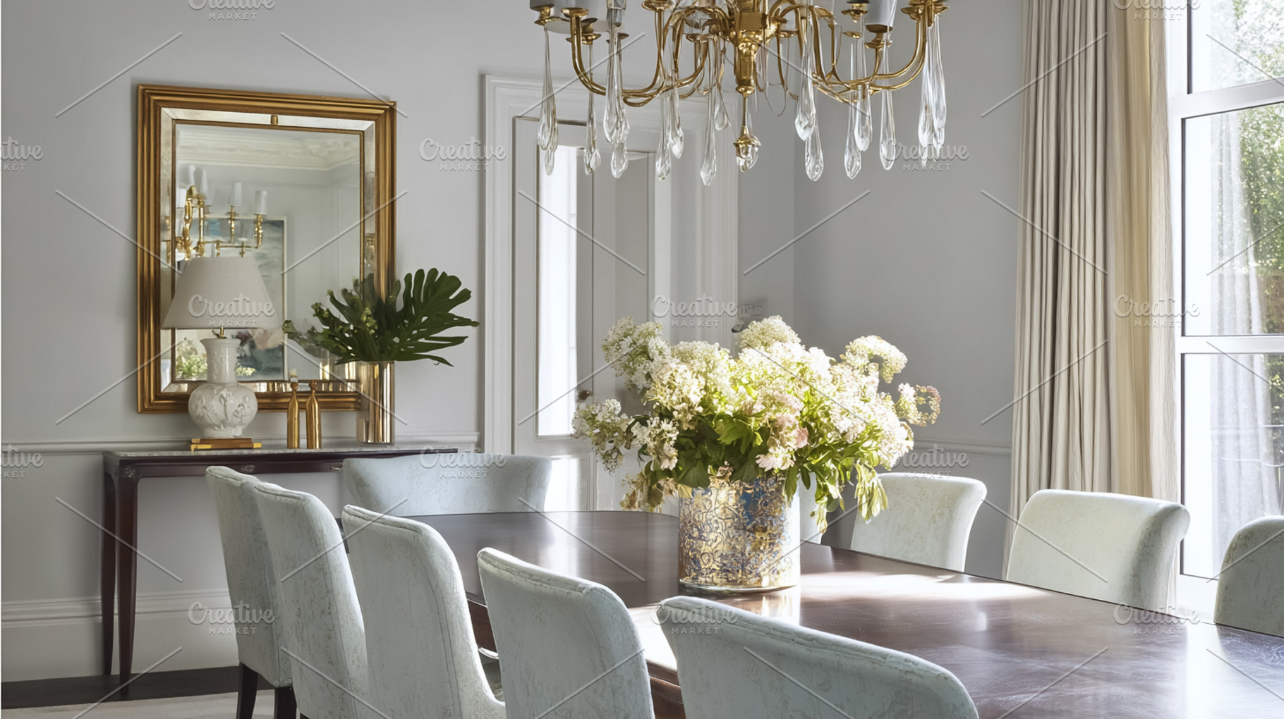 Elegant dining room interior with a large wooden table, light ch, a Photo by Studio ANNA