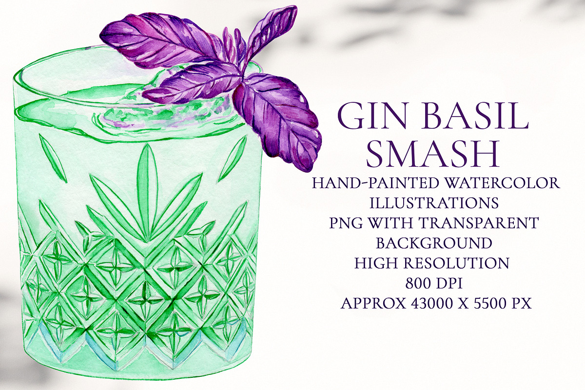 Gin Basil Smash Watercolor Cocktail, a Food Illustration by Olexandra Mur (Photo 1 of 3)