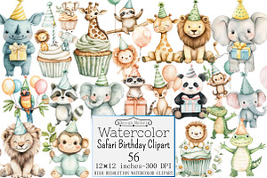 Watercolor Safari Birthday Clipart, a Seasonal Illustration by Design Market