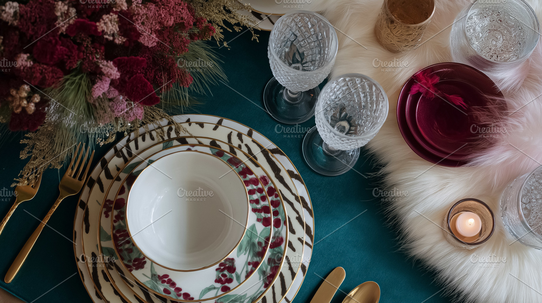 Festive holiday dinner table setting with elegant tableware, ornate glasses, sp, a Food & Drink Photo by Studio ANNA