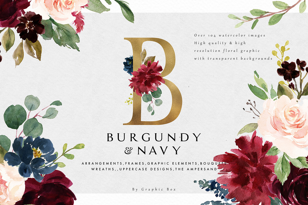 Burgundy&Navy Floral Graphic Set, a Decorative Illustration by Graphic Box (Photo 1 of 11)