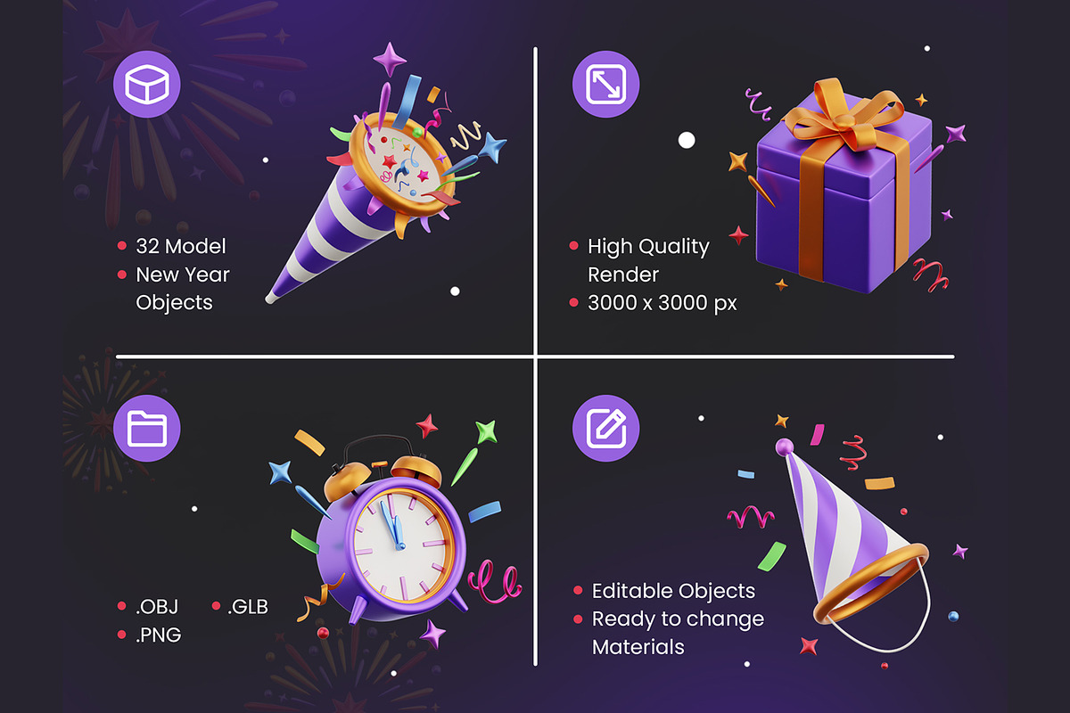 New Year Party 3D Icons, an Object 3D Model by Rakata Studio (Photo 2 of 7)