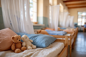 Teddy bears sit on beds in a cozy dormitory setting during the morning light, a Beauty & Fashion Photo by AlyaAnd
