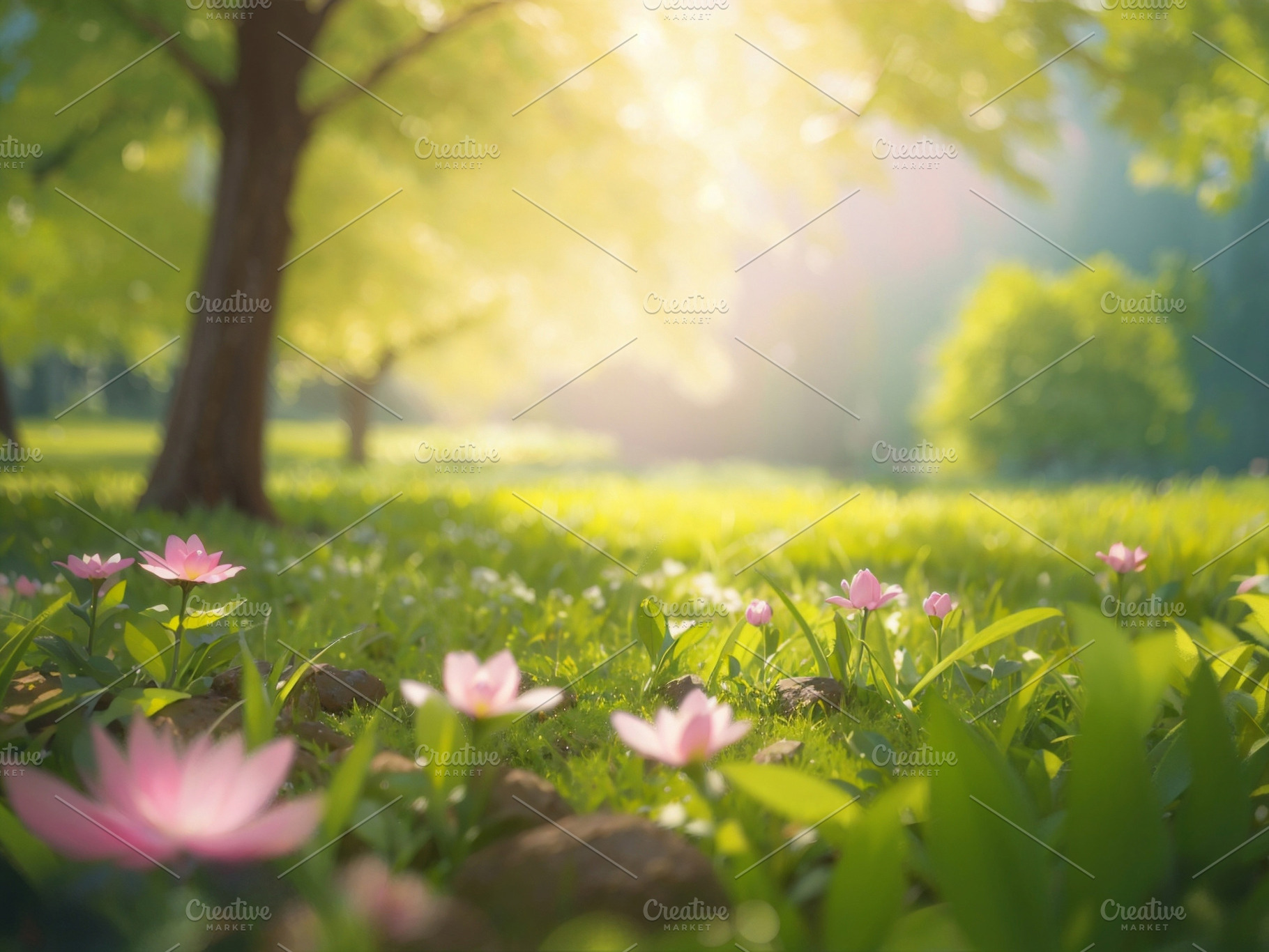 Sunny Spring Landscape Pink Flowers, a Nature Photo by sirylok