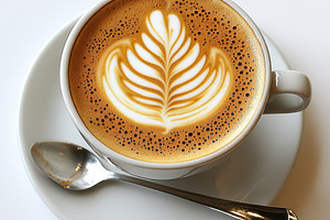 Latte art coffee cup saucer spoon is, a Food & Drink Photo by Pixeness Studio