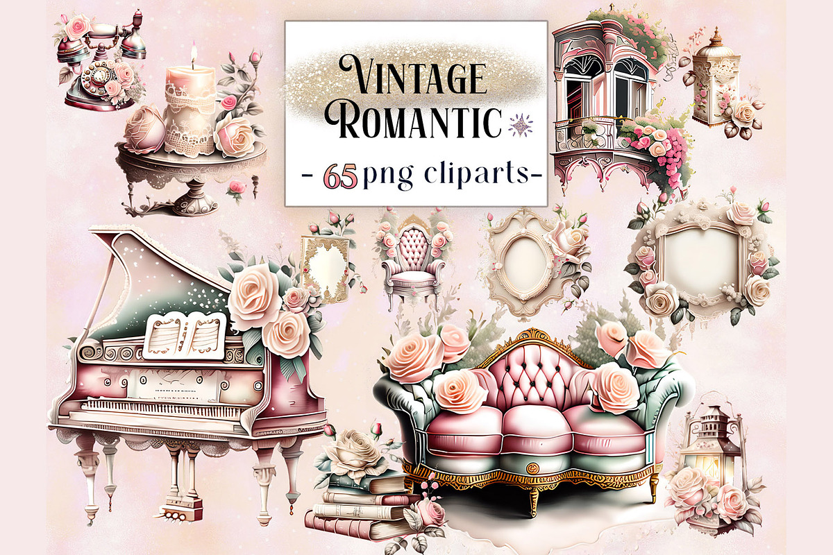 Vintage Romantic Clipart Bundle, a Decorative Illustration by EdeniaArtStudio (Photo 1 of 13)
