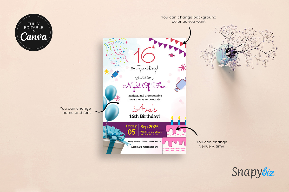 Editable 16 Birthday Invitation, an Invitation Template by Snapybiz (Photo 8 of 9)