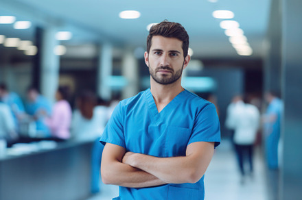 Male doctor, medical worker wearing uniform in a hospital