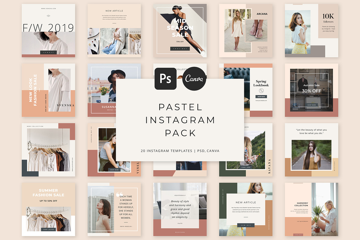 Pastel Instagram Pack PS & Canva, a Social Media Template by Studio Siv (Photo 1 of 6)