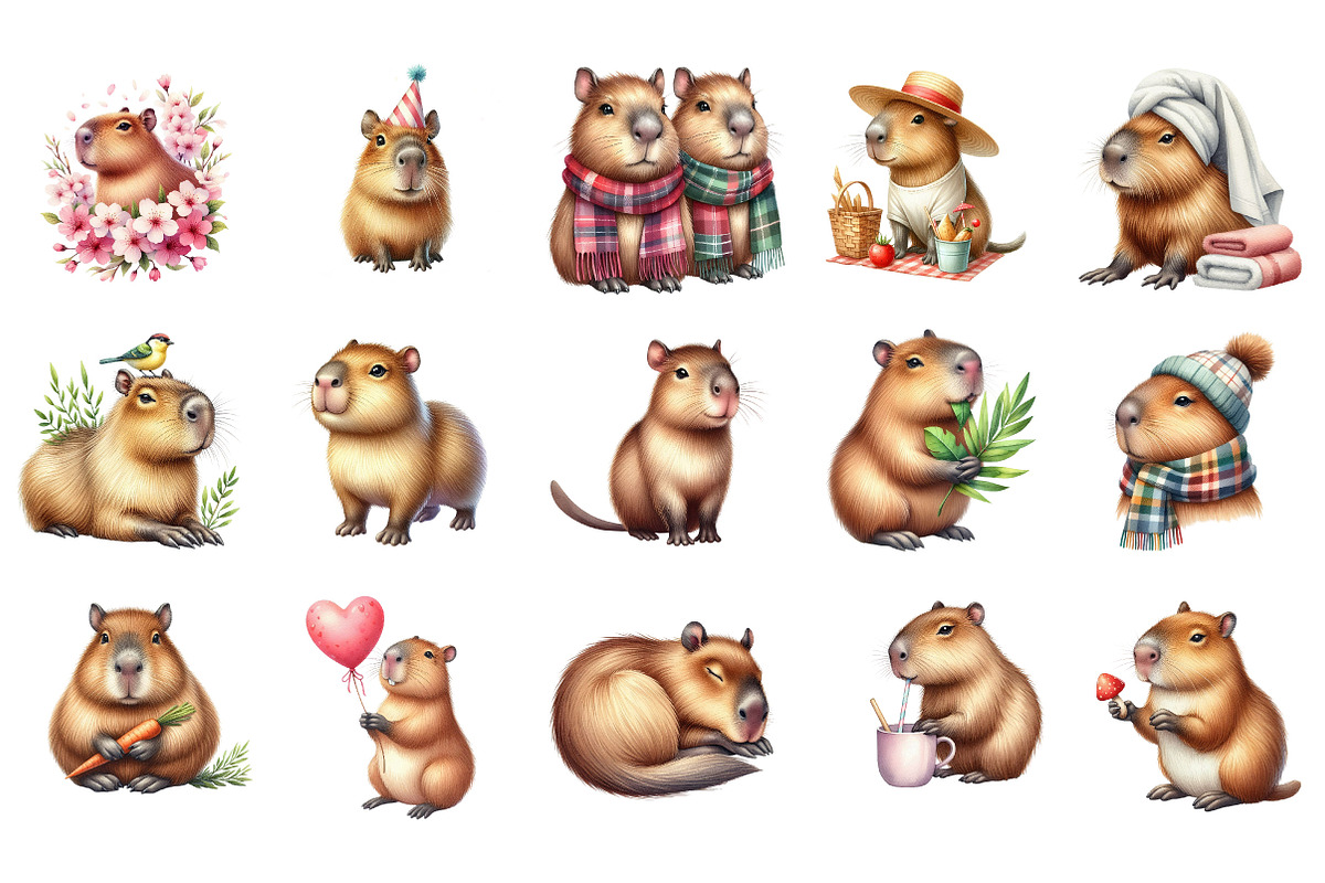 Capybara Watercolor Clipart, an Illustration by Designking (Photo 3 of 5)