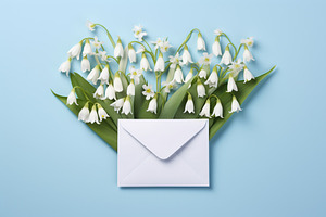 Blooming snowdrop flowers in letter envelope on blue background, a Nature Photo by AlyaAnd