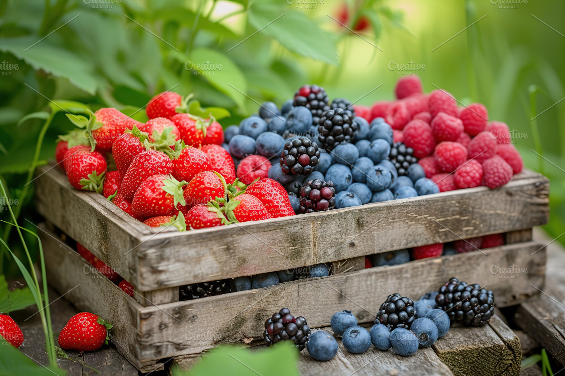 Fresh ripe berries in wooden crate in the garden, a Food & Drink Photo by AlyaAnd